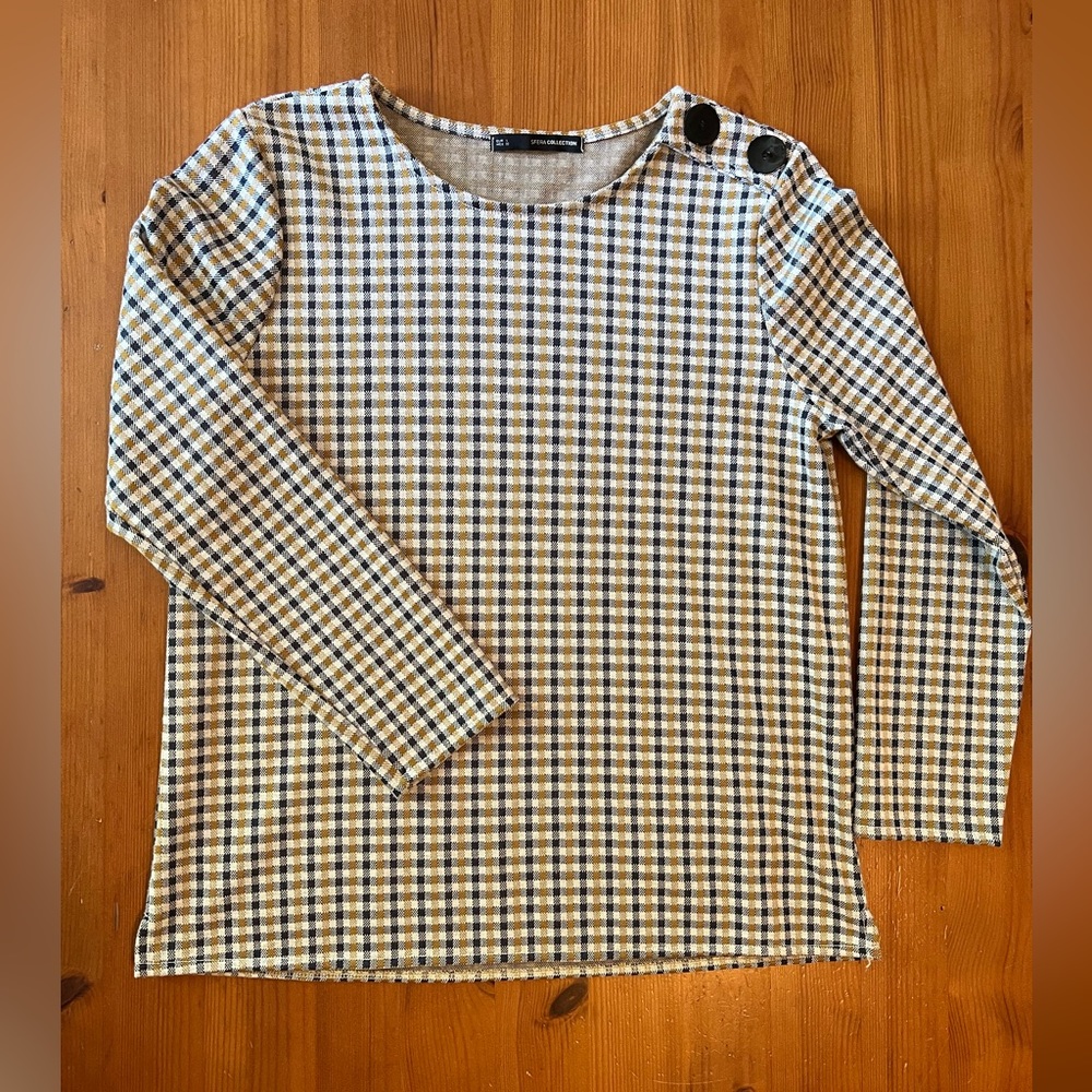 NWOT Sfera Collection, yellow & grey plaid long sleeve top. Size L
